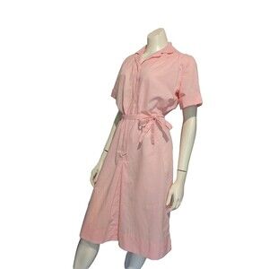 Vintage Polka Dot Flocked Cotton Blend Dress Belt Shift House Dress Pink M B44